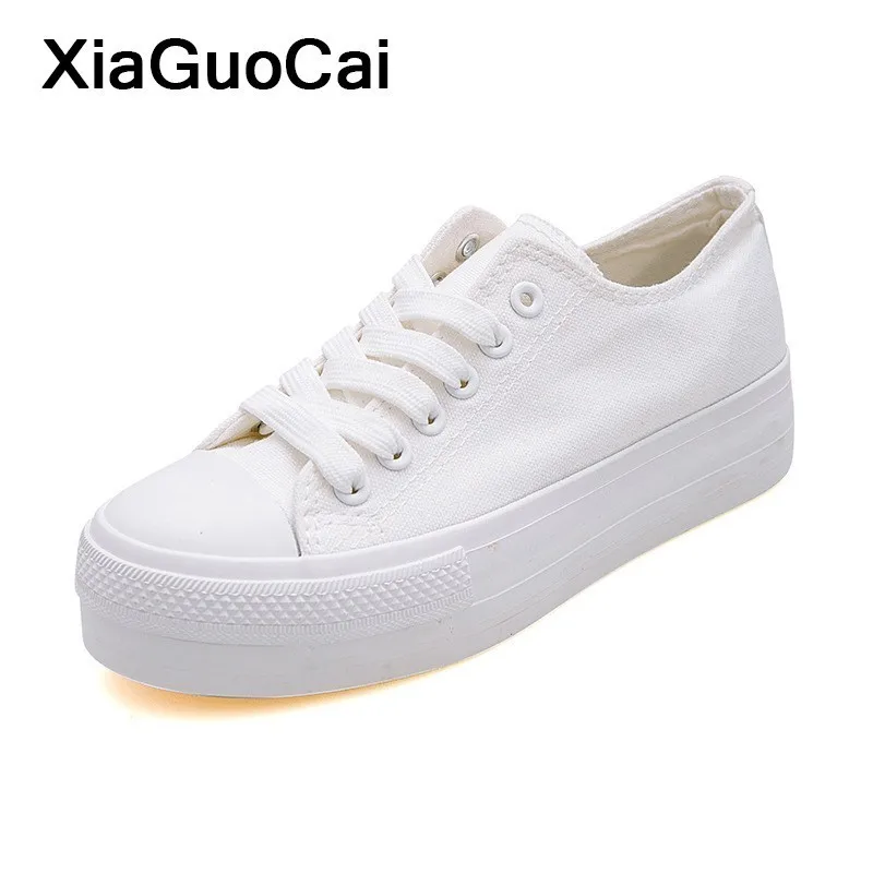 

White Woman Casual Shoes 2019 Spring Autumn Female Canvas Shoes Thick Bottom Lace Up Ladies Flats Fashion High Quality Footwear