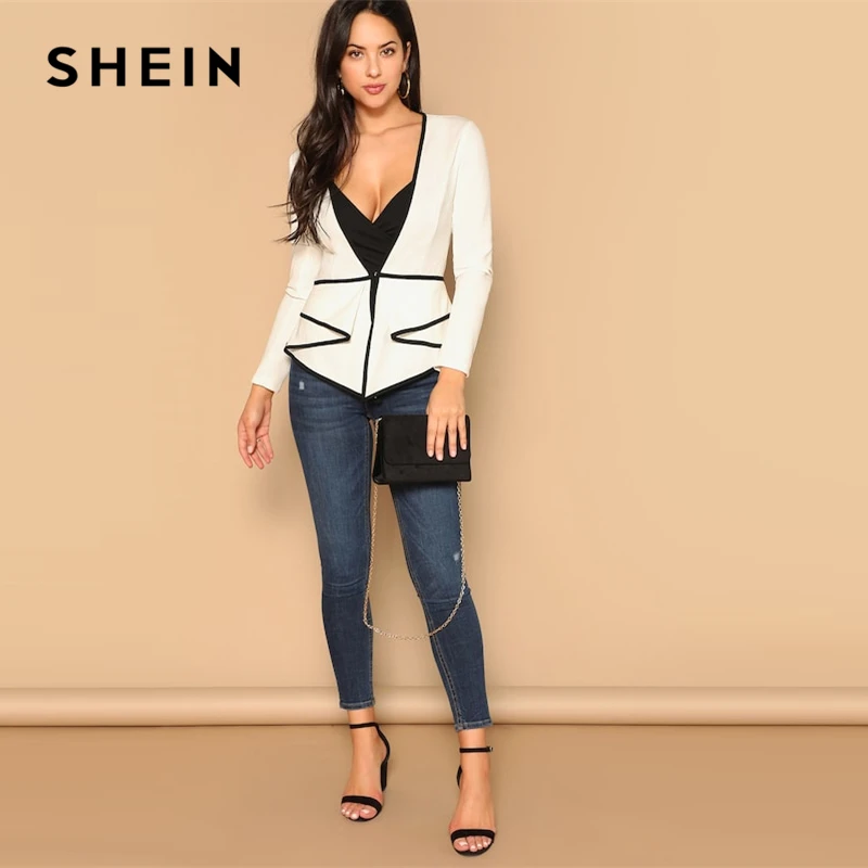wonderful  SHEIN Beige Contrast Trim Fitted Peplum V neck Long Sleeve Long Coat 2019 Autumn Casual Modern Lady