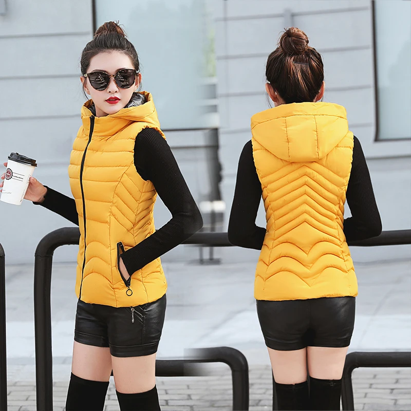 

Women Winter sleeveless short vest Solid basic style hooded long zipper waistcoat 2018 New autumn cotton padded parkas coat