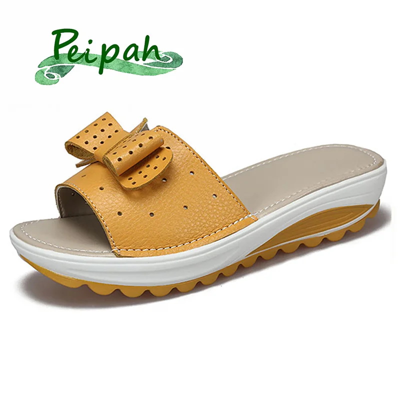 

PEIPAH Summer Breathable Casual Women's Slippers Wedges Thick Bottom Large Size Zapatillas Mujer Hollow Butterfly-knot Slippers