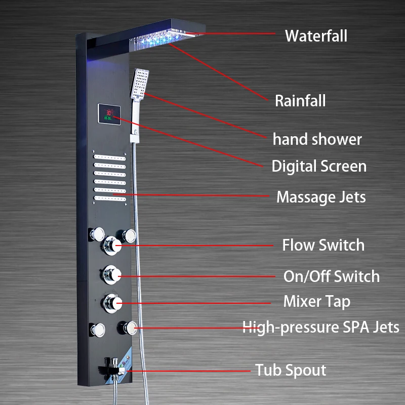 Смеситель для душа в ванную, черный никель, светодиодный, водопад, душевая панель, настенная душевая панель, колонка с ручным распылителем