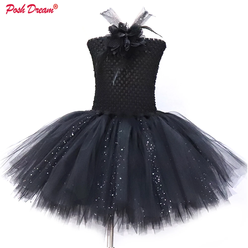 POSH DREAM Black Flower Girls Tutu Dresses for Party Sparkly Tulle with Lining Kids Clothes | Детская одежда и обувь