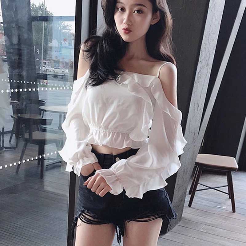 Белая блузка с рюшами шифон Boho Укороченная рубашка Топы с открытыми плечами Blusas 2019 корейский сексуальный Modis женские рубашки Mujer новинка