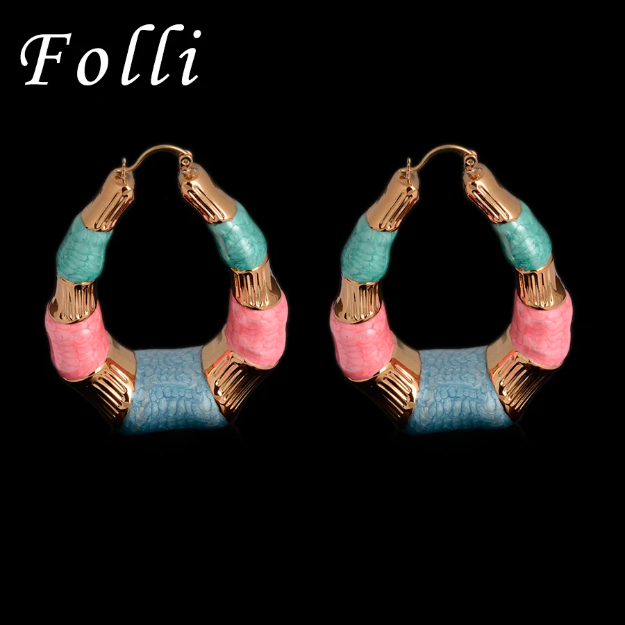 Fashion Gold Hoop Earrings For Womens Pink Green Blue Bamboo Design