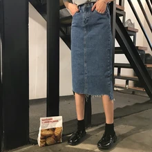 Летний дизайн для девушек-студенток джинсовые юбки нерегулярные пуговицы женские консервативный стиль, высота до середины голени, разделенные юбки с карманами