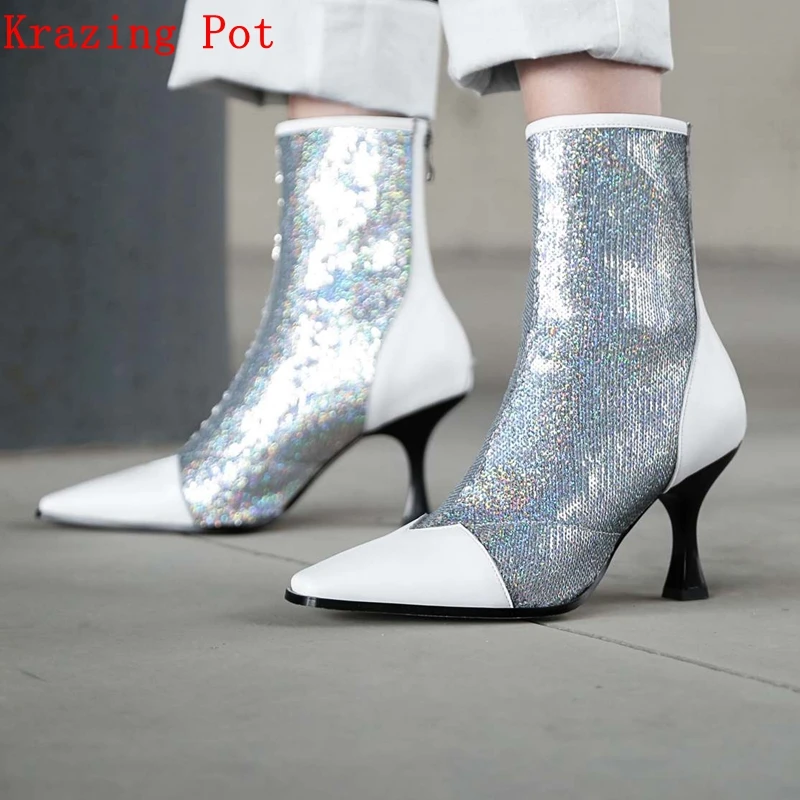 

Krazing pot cow leather sequined cloth bling mixed color high heels superstar winter streetwear zipper keep warm ankle boots L68