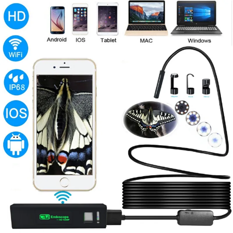 

5m/10m Wireless WiFi Camera Inspection Endoscope 8 LED HD 1200P Hard Cable Cord Cam Adjustable Waterproof For Android IOS Phones