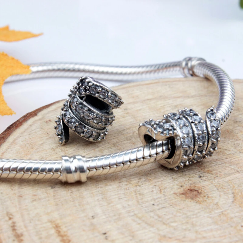 ELESHE Christmas Gift 925 Sterling Silver Snake Beads Clear CZ & Crystal Charms Fit Original Bracelet Necklace DIY Jewelry