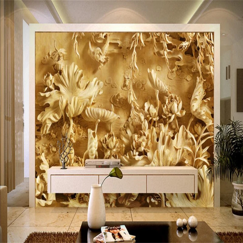 

beibehang Custom photo wallpaper large 3D wall murals wall stickers three-dimensional wood carving lotus TV background wall 3D