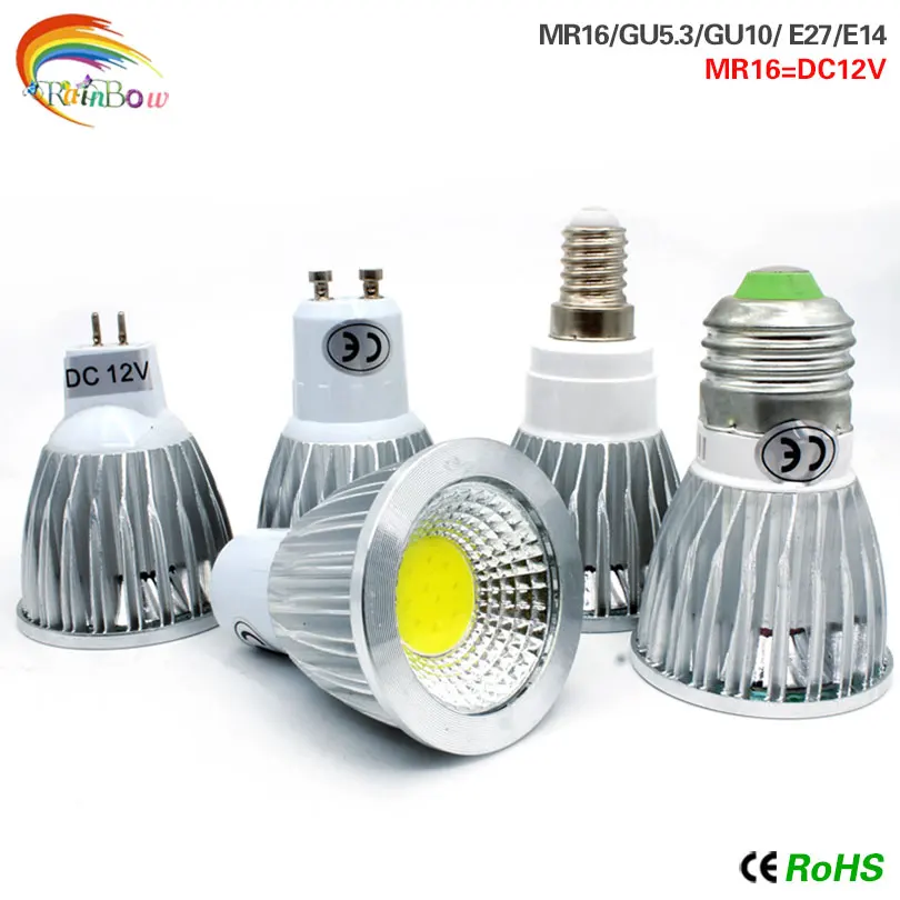 Светодиодные лампы E27 E14 GU10 COB AC220V MR16 DC12V лампочки реальной мощности 9 Вт 12 15 яркость