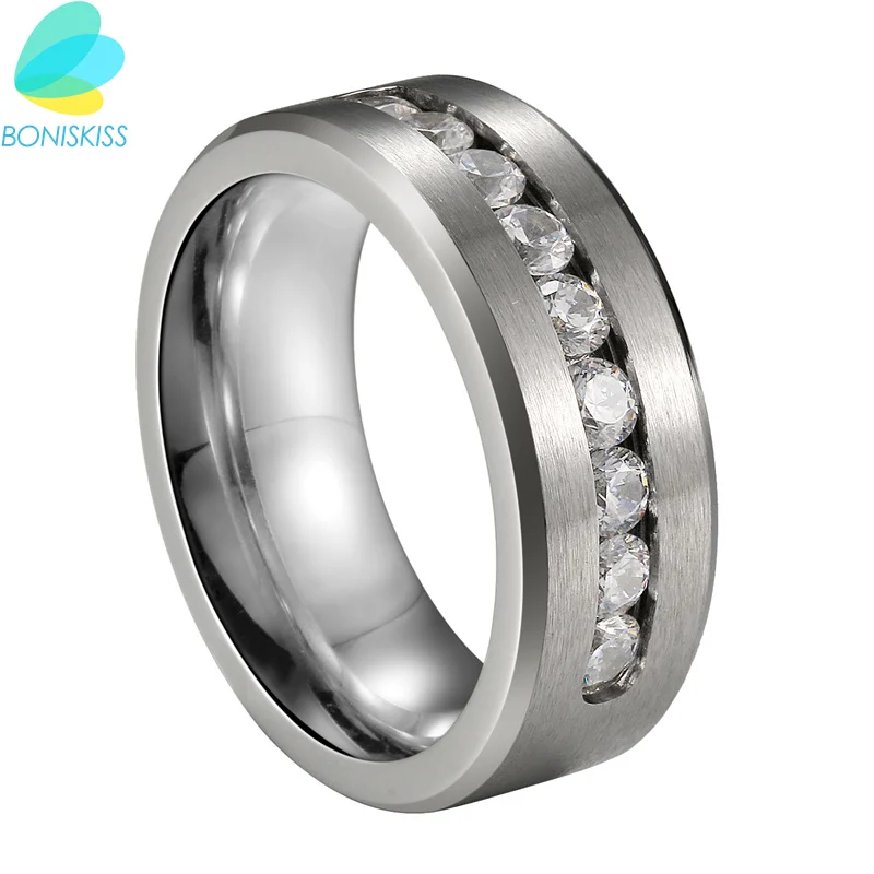Boniskiss Anniversary Stainless Steel Men Rings With Crystal Silver Color Rings For Men And Women Jewelry Aneis Feminino