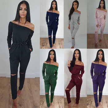 

2019 Women Rompers Bodysuit Solid Overalls Pocket Jumpsuit New Off Shoulder Sexy Jumpsuits Casual Slash Neck Long Sleeve Elegant