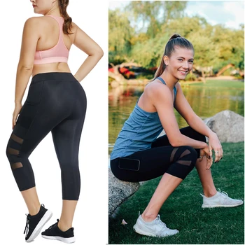 

Plus Size Well Fitting Women Capri Workout Leggings Breathable Mesh Mid-Calf With Pockets Gym Sport Pants Black Jeggings