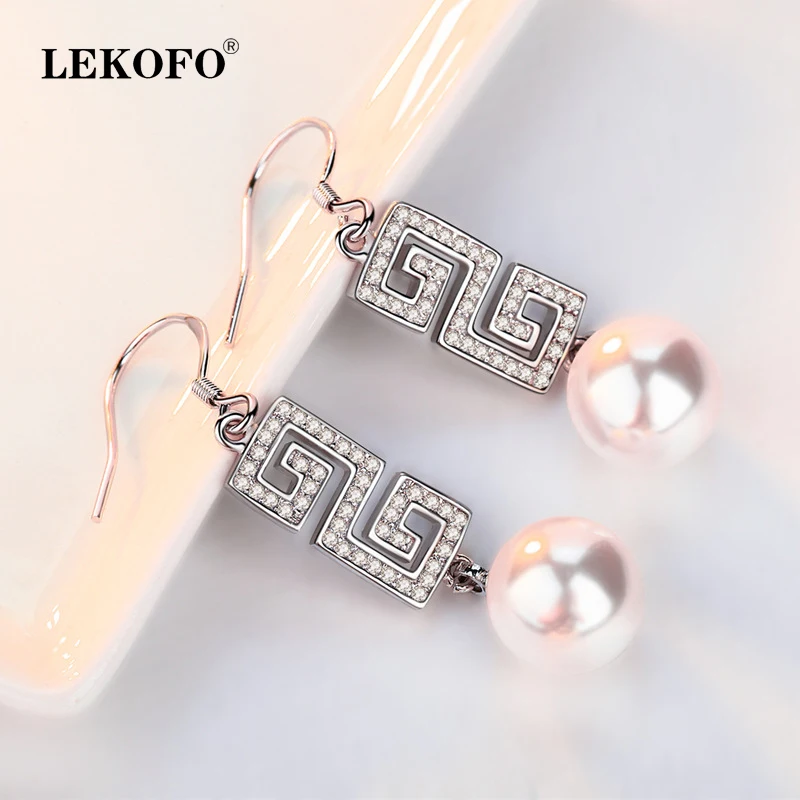 

LEKOFO New Korean Fashion Long Tassel Earrings Jewelry Mosaic Crystal 925 Sterling Silver Pearl Drop Earrings For Women