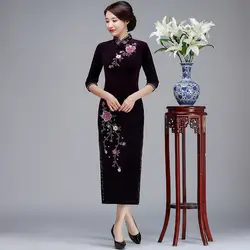 2019 золотой бархат Cheongsam длинный ноготь жемчужные Новая мода изменение косые воротник блестками юбка длинная юбка