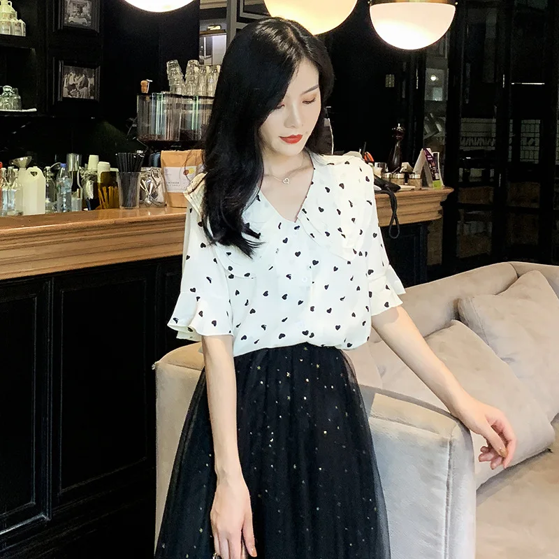 Лето 2019 г. новое поступление короткий рукав Питер Пэн воротник корейский шифон блуза с рукавами-клеш печатных для женщин рубашки для