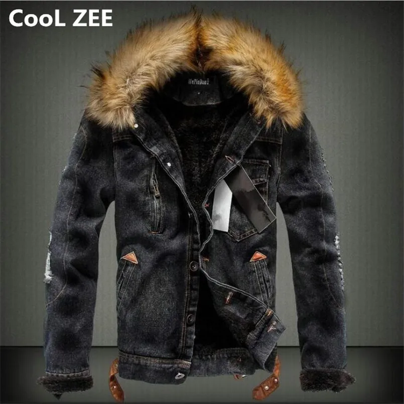 

CooL ZEE 2018 Mens Denim Jacket with Fur Collar Retro Ripped Fleece Jeans Jacket and Coat for Autumn Winter S-XXXXL