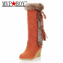 Mvp Boy Зимние ботинки до колена на танкетке с открытым носком; с подкладкой, сапоги-гладиаторы сапоги Термальность Женская хлопковая обувь; верхний материал из флока теплый плюш обувь размеры 35–42