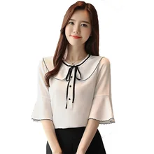 Shirt Women Summer Short Sleeve Chiffon Shirts Blouse Bow Loose Trumpet Sleeve Shirt Blusas Women Tops exaggerate bow detail trumpet sleeve dress