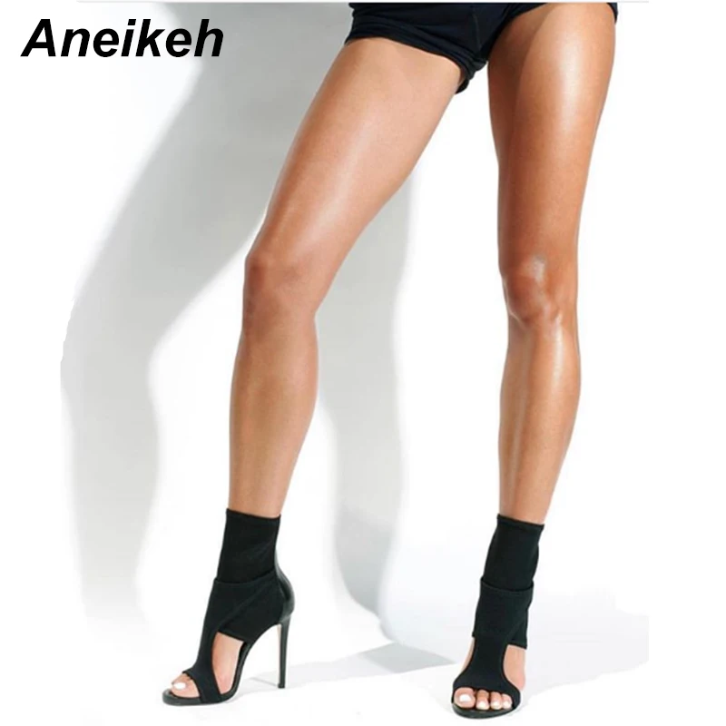 

Aneikeh 2019 Sexy Sandals Woman Shoes Stretch Fabric High-heeled Sandals Thin heel Open Toe Cut-Outs Pumps Gladiator Shoes Black