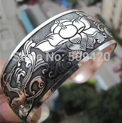 

hot sell909395 Wholesale!!10pcs HE-S109 pretty Tibet Silver CARVED lotus flower Bangle Cuff Bracelet