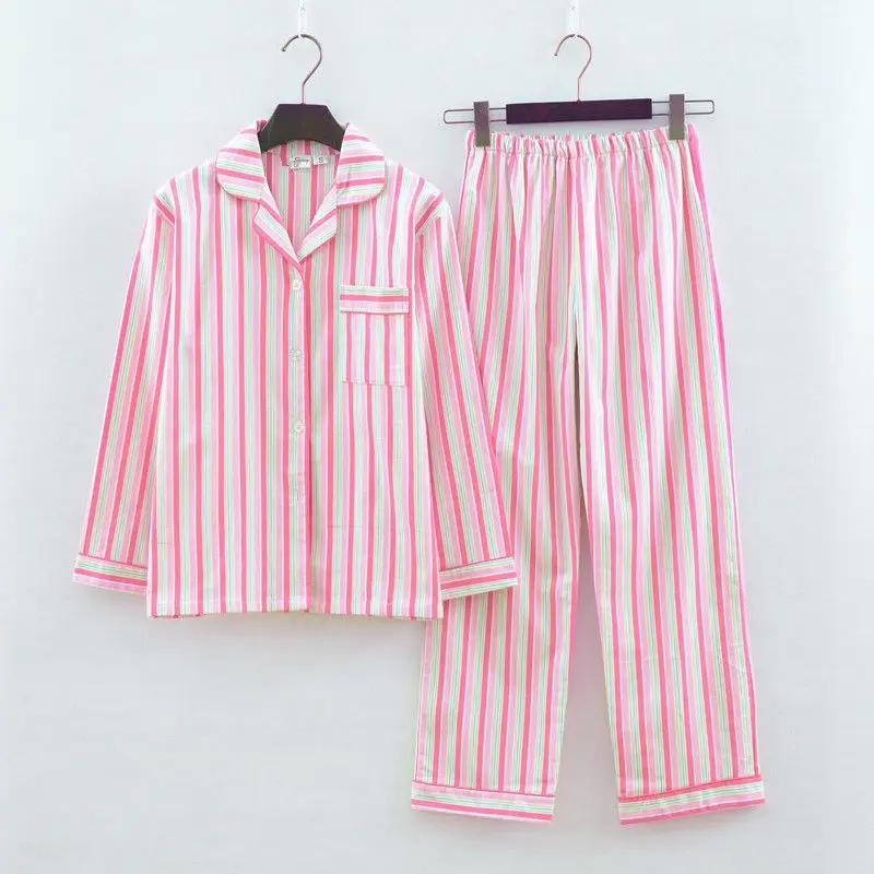 Pink Striped Pajamas Women Brushed Cotton Pijama Long Sleeve Elastic Waist Pants Autumn Spring Lounge Nightwear pyjamas S88499 - Цвет: Striped pajamas
