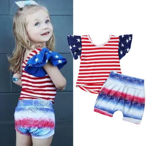 America Stars &amp Stripe Baby Girl Independence Day Tops+Shorts Firework Summer Clothes Outfit Sets | Детская одежда и обувь