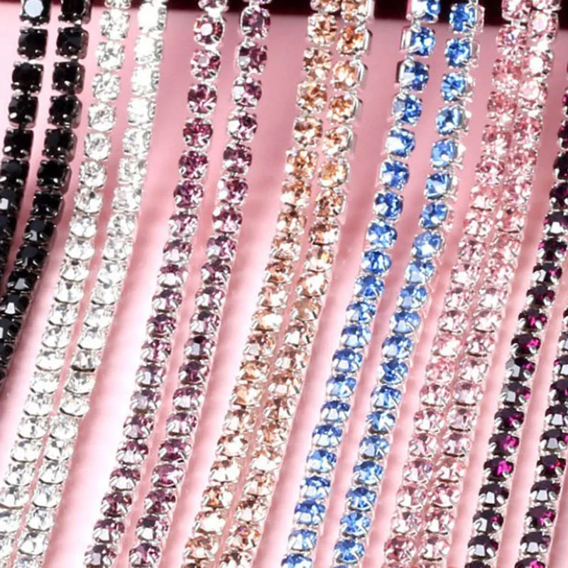 

1meter Rhinestone Cup Chain Silver Based Claw Mix Color AB Crystal Sew on Cup Chain for Clothing Dress Ornament Accessories