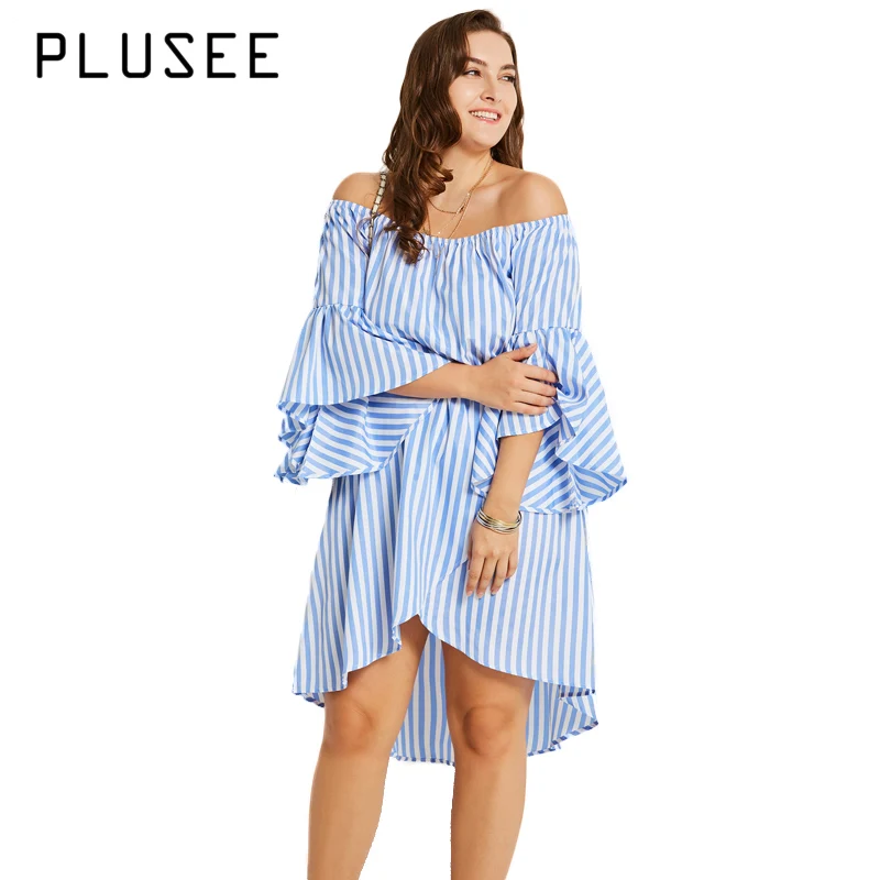 

PLUSEE New Women Plus Size Casual Off the shoulder Striped Dress Flare Sleeve Elastic waist Dresses Vestidos L-3XL