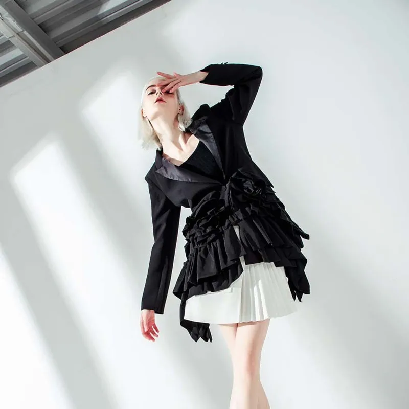 Finest  [EAM] 2020 New Autumn Winter Lapel Long Sleeve Black Ruffles Pleated Stitch Loose Irregular Jacket 