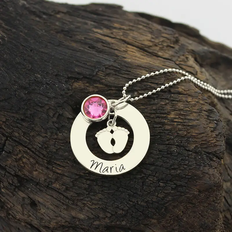  Wholesale Silver Baby Feet Necklace With Birthstone Personalized Mother Necklace Name and Date Tag 