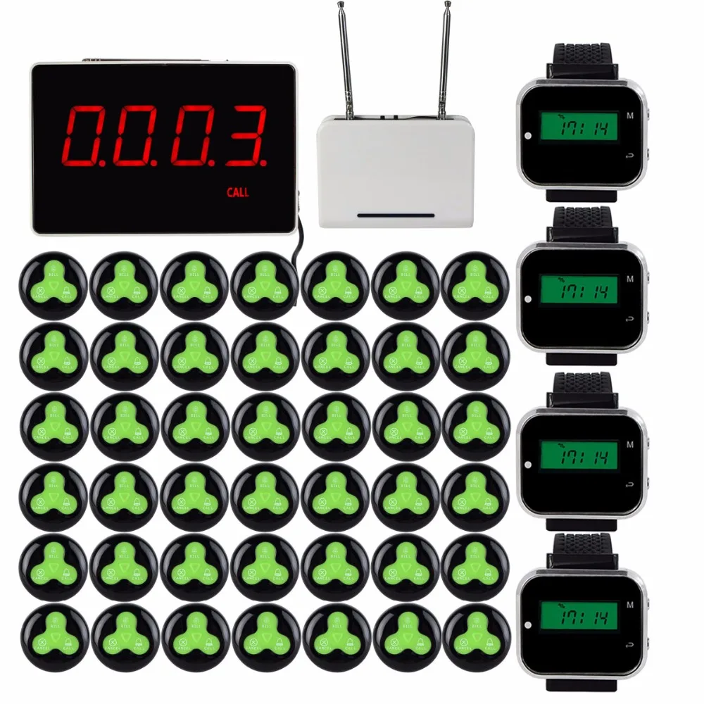 

433MHz Wireless Pager Calling System Restaurant Receiver With Host+4pcs Watch Wrist Receiver+Signal Repeater+42pcs Call Button