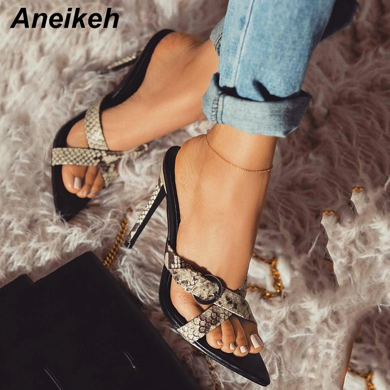 

Aneikeh NEW Fashion Women's Shoes 2019 New Woman Sandals Pointed Toe Slippers Shoes Leopard Print High Heels Pumps Size 35-40
