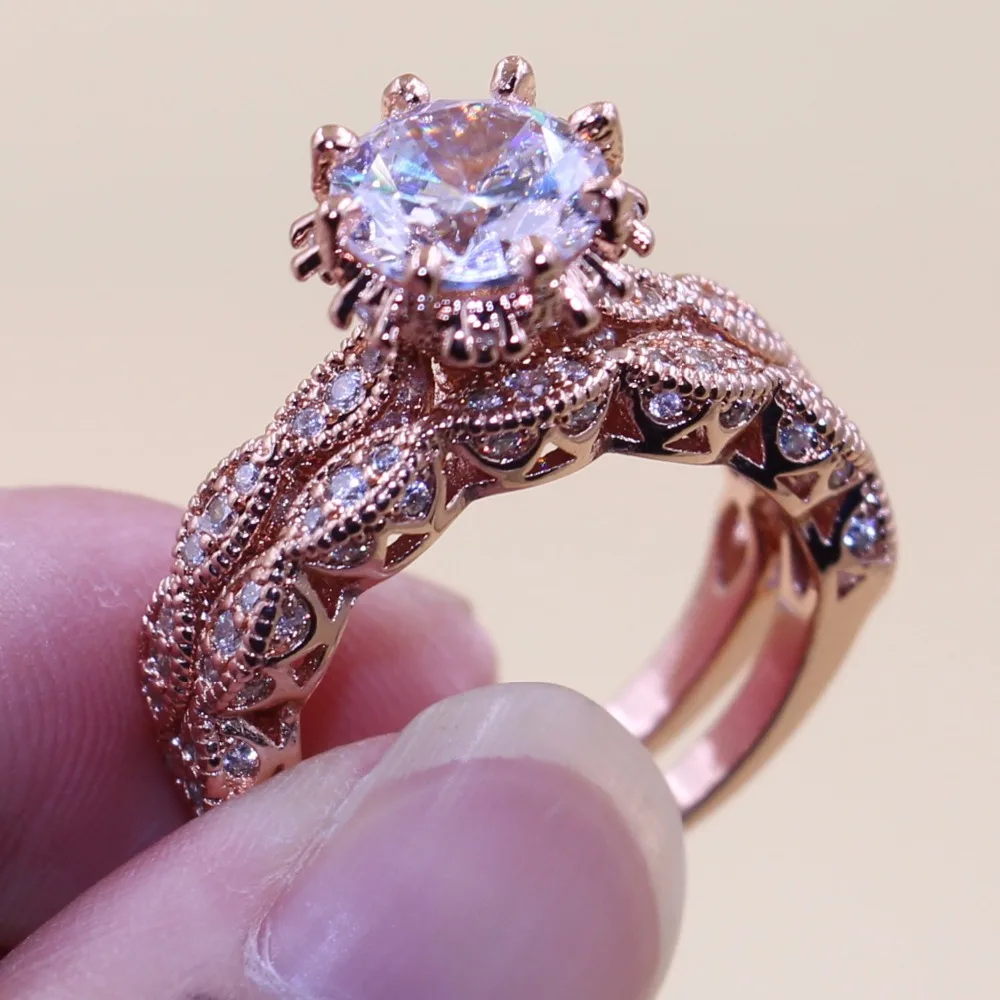 Size5-10 Enternity Couple Rings Luxury Jewelry 925 Sterling Silver&Rose Gold Round Cut 5A Zirconia Party Wedding Bridal Ring Set