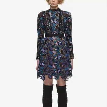 

New 2018 Spring Female Mini Dresses Sexy Lace Hollow Out Printed Patchwork Women's Self Portrait Elegant Slim Dress High Quality