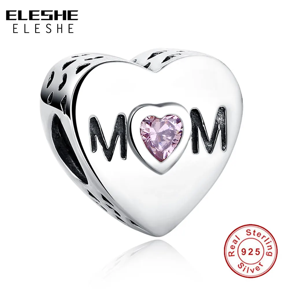ELESHE 925 Sterling Silver MOTHER HEART Charms Fit Original Bracelet Necklace Jewelry Accessories With Pink Heart-Shaped Stone
