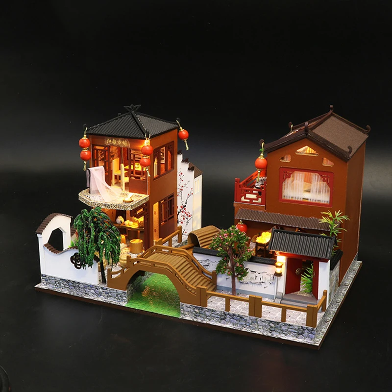 Модель кукольного дома, миниатюрный деревянный кукольный домик, игрушки, китайский древний город, кукольные домики, Строительный набор, светодиодная мебель, игрушка для дома
