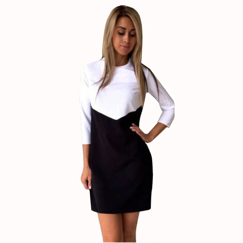

Autumn women Winter Long Sleeves Party Dresses Girls Contrast Color Office white black tunic ladies Sexy warm ukraine dresses