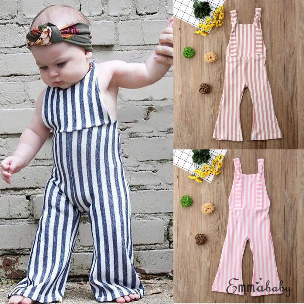 

Emmababy Newest Fashion Toddler Baby Girl Clothes Striped Bell-Bottom Pants Overalls Brace Pants Outfits