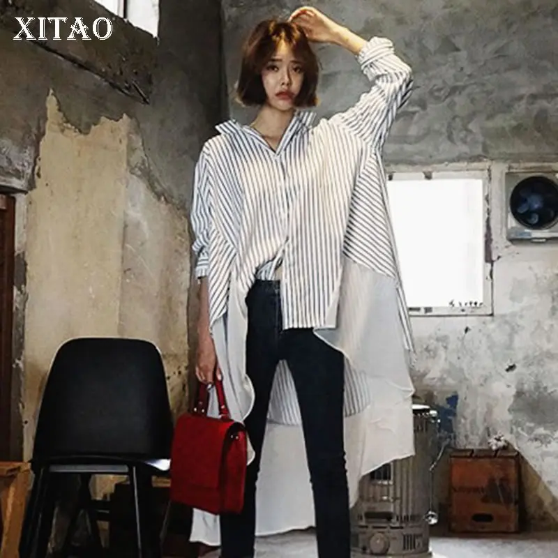 

XITAO Irregular Striped Blouse Women Clothes 2019 Turn Down Collar Wild Joker Plus Size Long Cardigans Street Style WLD1900