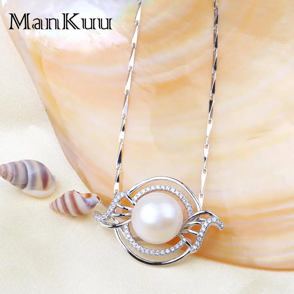 ManKuu 925 Sterling Silver Pendant Round Shape 9-10mm Freshwater Pearl Pendant Necklace Mirco Pave Diamond Necklace For Women Fine Jewelry