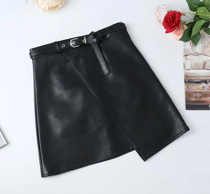 Tanie 2019 zima kobiety PU skóra nieregularna spódnica z paskiem wysokiej talii Slim Faux skórzane spódnice Feminina Vestidos