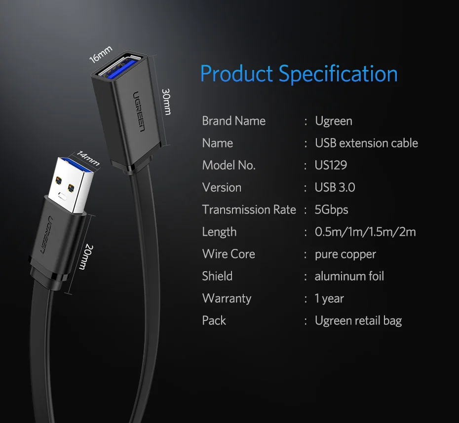 Ugreen USB 3,0 кабель Плоский USB кабель-удлинитель мужской и женский кабель для передачи данных USB3.0 кабель-удлинитель для ПК ТВ USB кабель-удлинитель