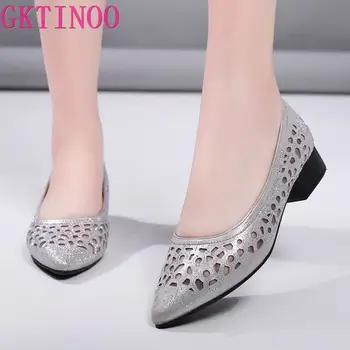 

GKTINOO 2019 Spring Summer Pointed Toe Shoes Woman Sandals Square Heel Elegant Hollow Out Fashion Sandals Women Shoes