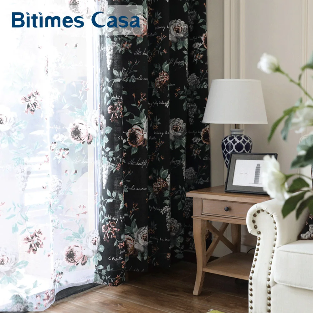 Black Floral Windows Curtain Drapes Rose Pattern Reactive Printing
