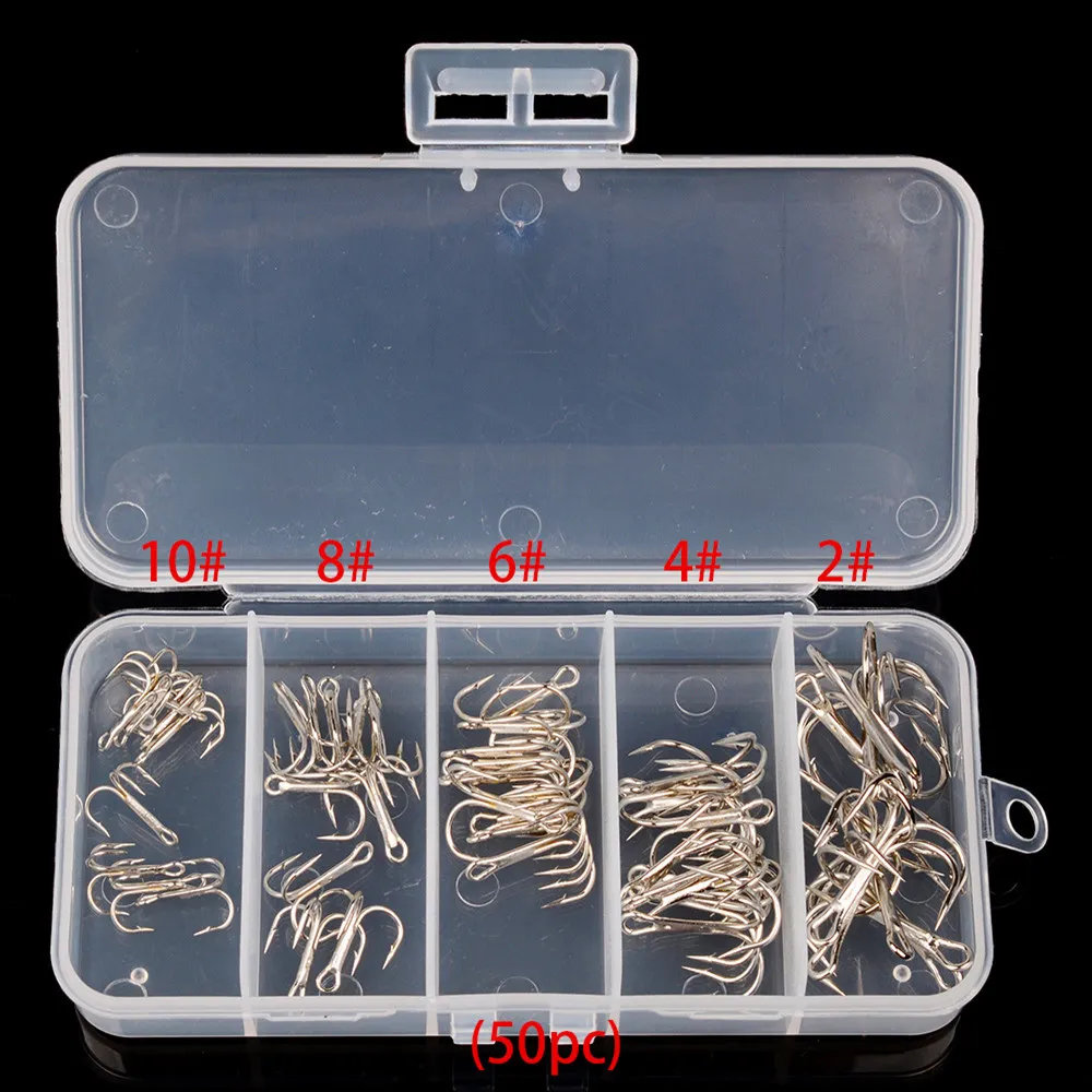 

50pcs/Box with 10pcs for Each Size 2/4/6/8/10# Silver/Golden/Black Treble Fishing Hook High Quality Accessories Fishhook