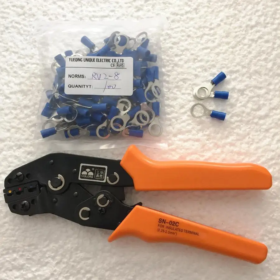 

SN-02C in 0.25-2.5mm2 crimping plier hands tool with 100pcs Blue Ring Terminals- 8mm Hole Free Shipping