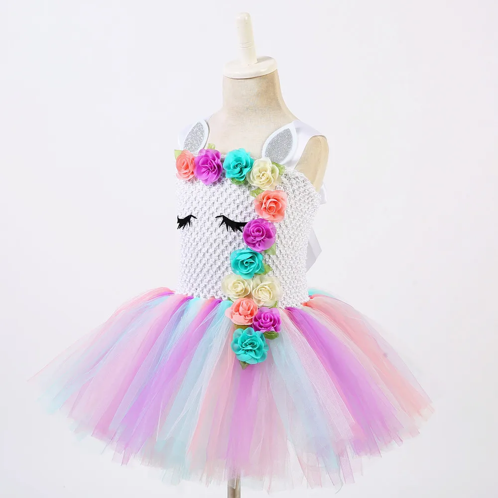 Pastel Clothes Knee Length Flower Children Girls Unicorn Tutu Dress Rainbow Princess Sleeveless Little Kids Pony Dress Vestido 8 (5)