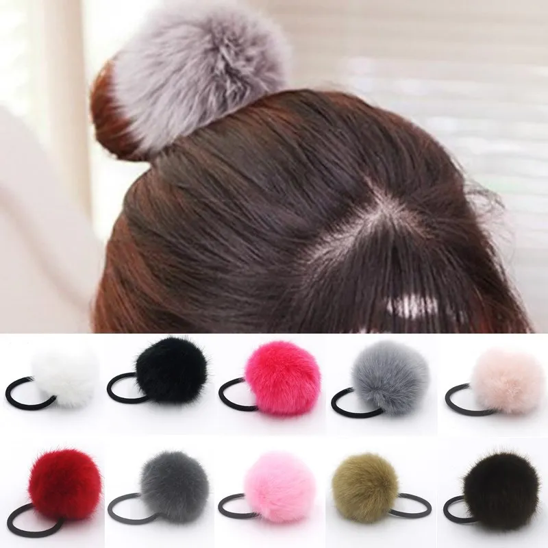20pcs lady girl Faux Fur Fluffy Ball Pom Pom Scrunchies pompon Elastic Ponytail Holder hair rope hair ties accessories GR102