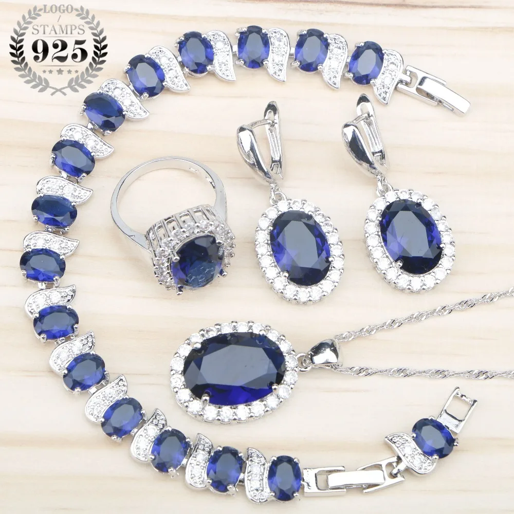 Women 925 Silver Bridal Jewelry Sets Blue Zircon Earrings Rings With Stones Pendant&Necklace